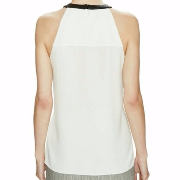 New Tibi Arden high neck halter leather trim crepe draped sleeveless blouse top - Picture 3 of 6
